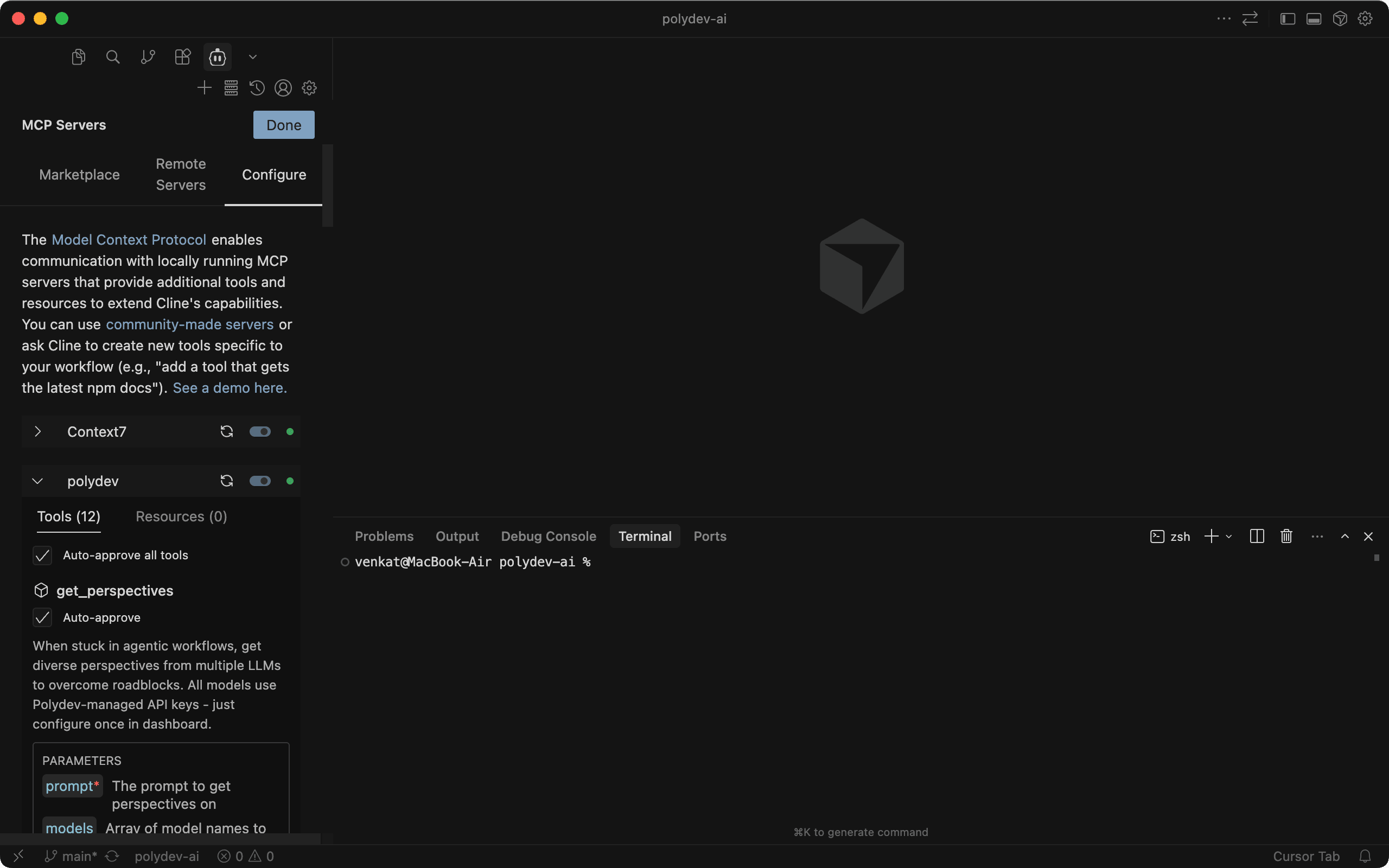 Cline MCP Servers showing Polydev configured