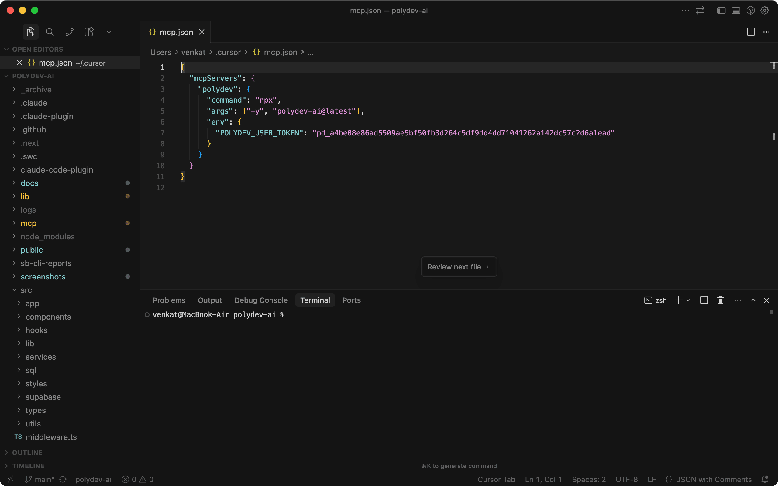 Cursor MCP settings with Polydev configured