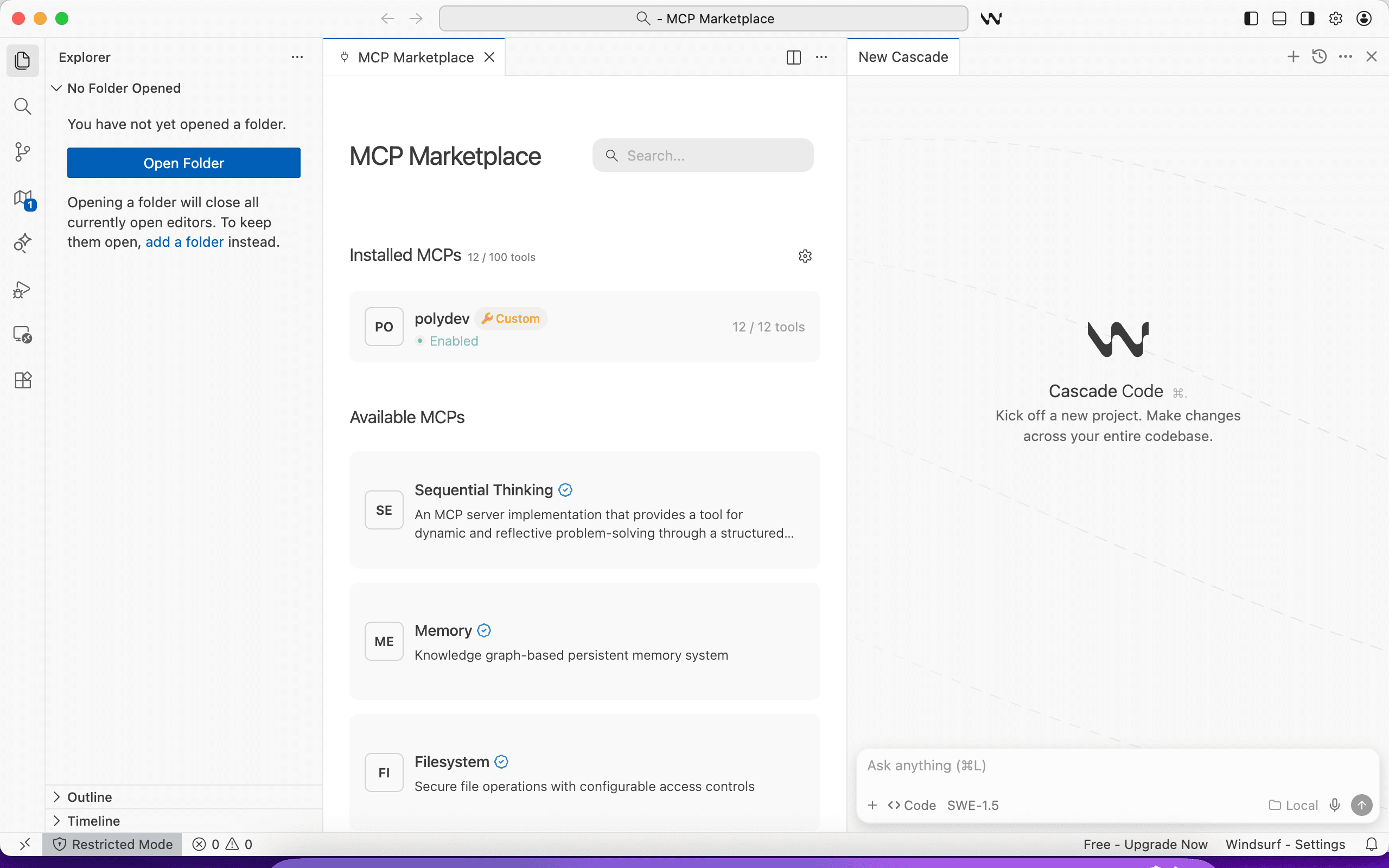 Windsurf MCP Marketplace showing Polydev enabled